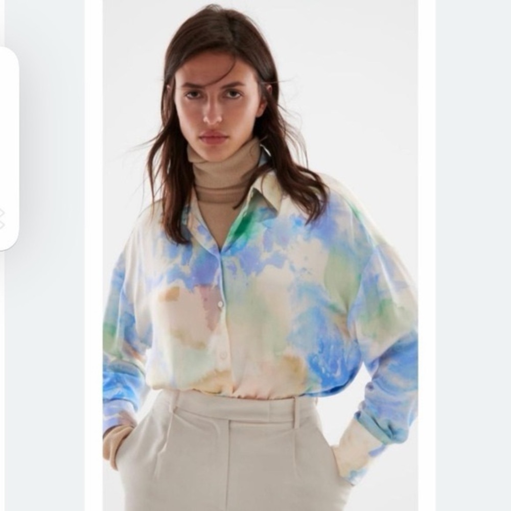 ZARA Satin Watercolor Oversized Button Front Long Sleeve Blouse Medium